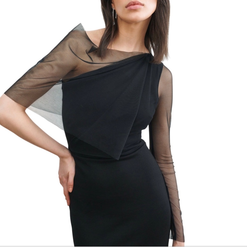 Marcella Valeria European Ponte One Shoulder Gown Black Illusion Sleeve Large - Picture 5 of 8